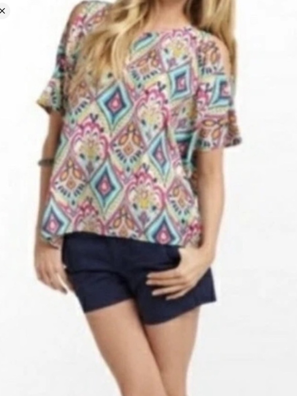 NWOT SILK Lilly Pulitzer Cold-Shoulder Printed in Pink, Turquoise & Yellow